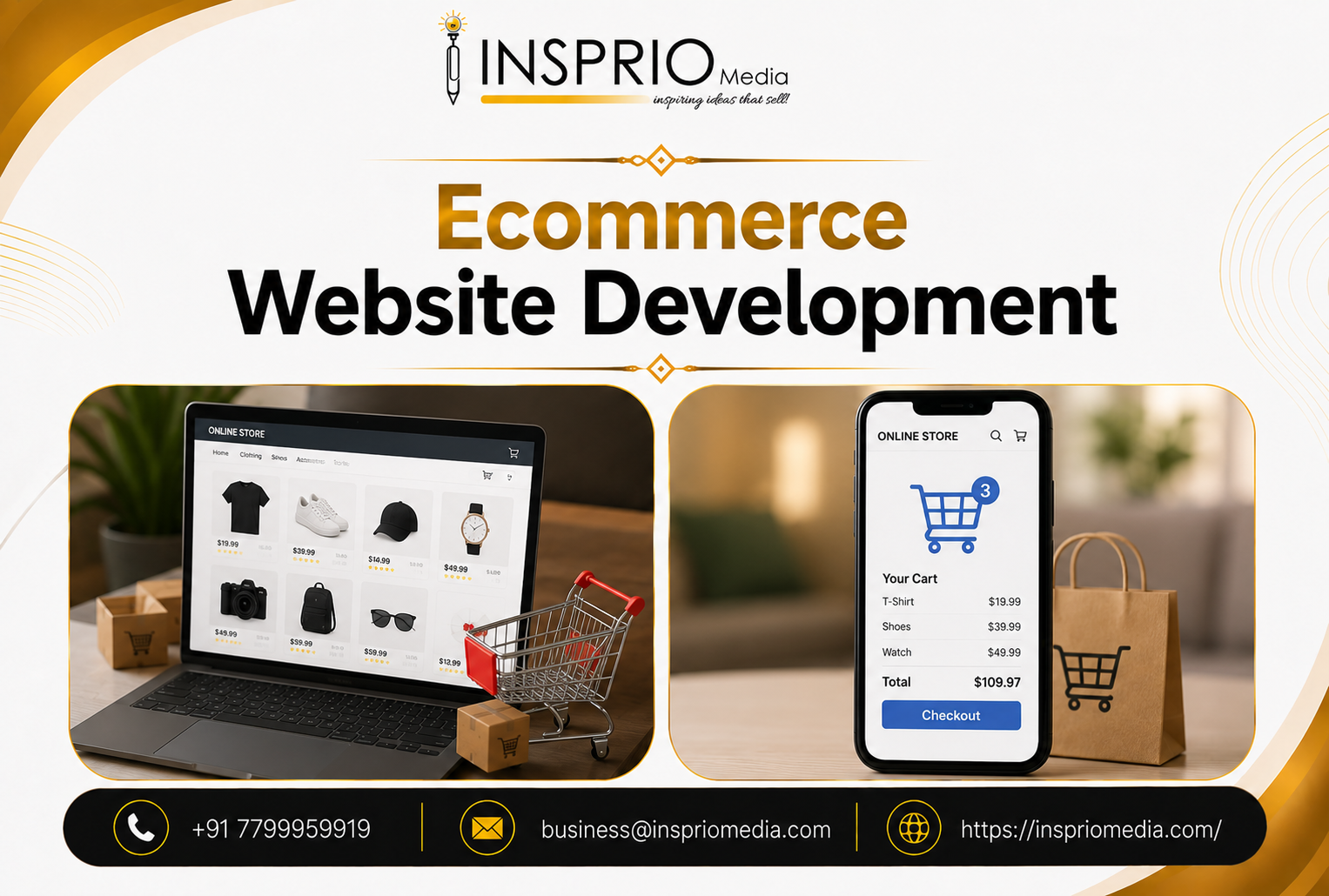 Ecommerce website displayed on a laptop and mobile phone with online shopping features