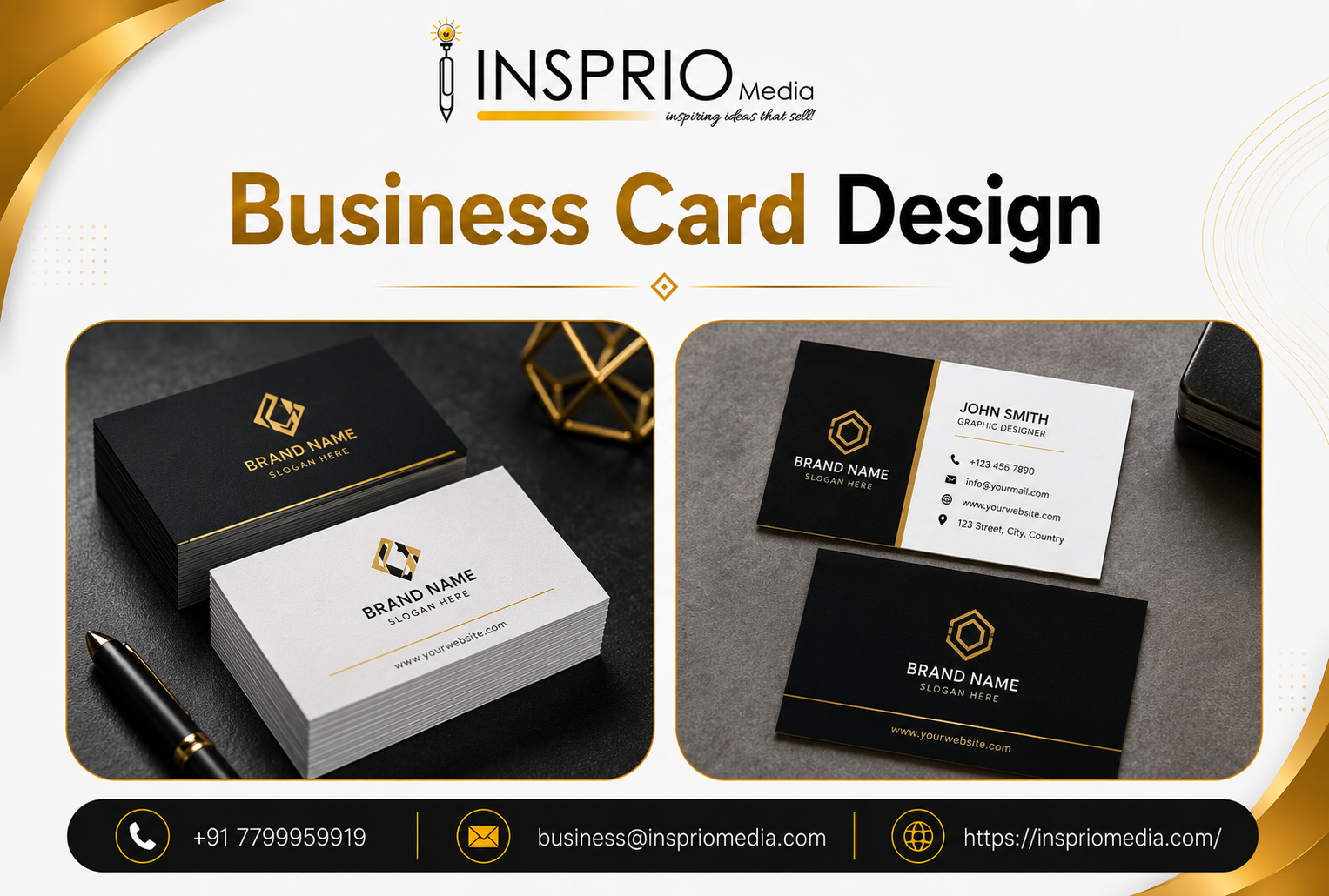 Premium black, white and gold business cards created for a professional company