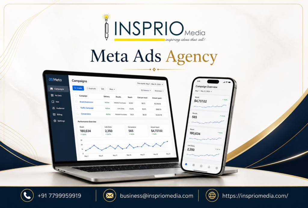 Meta Ads Agency managing Facebook and Instagram advertising campaigns on laptop and smartphone