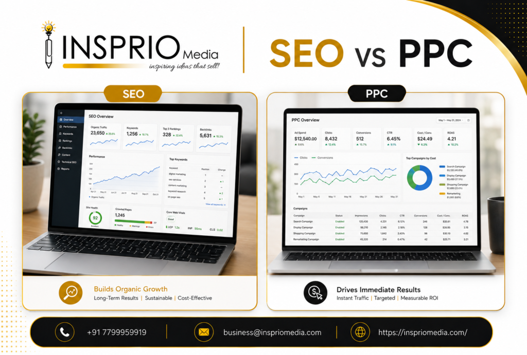 SEO vs PPC comparison showing organic search growth and paid advertising ROI
