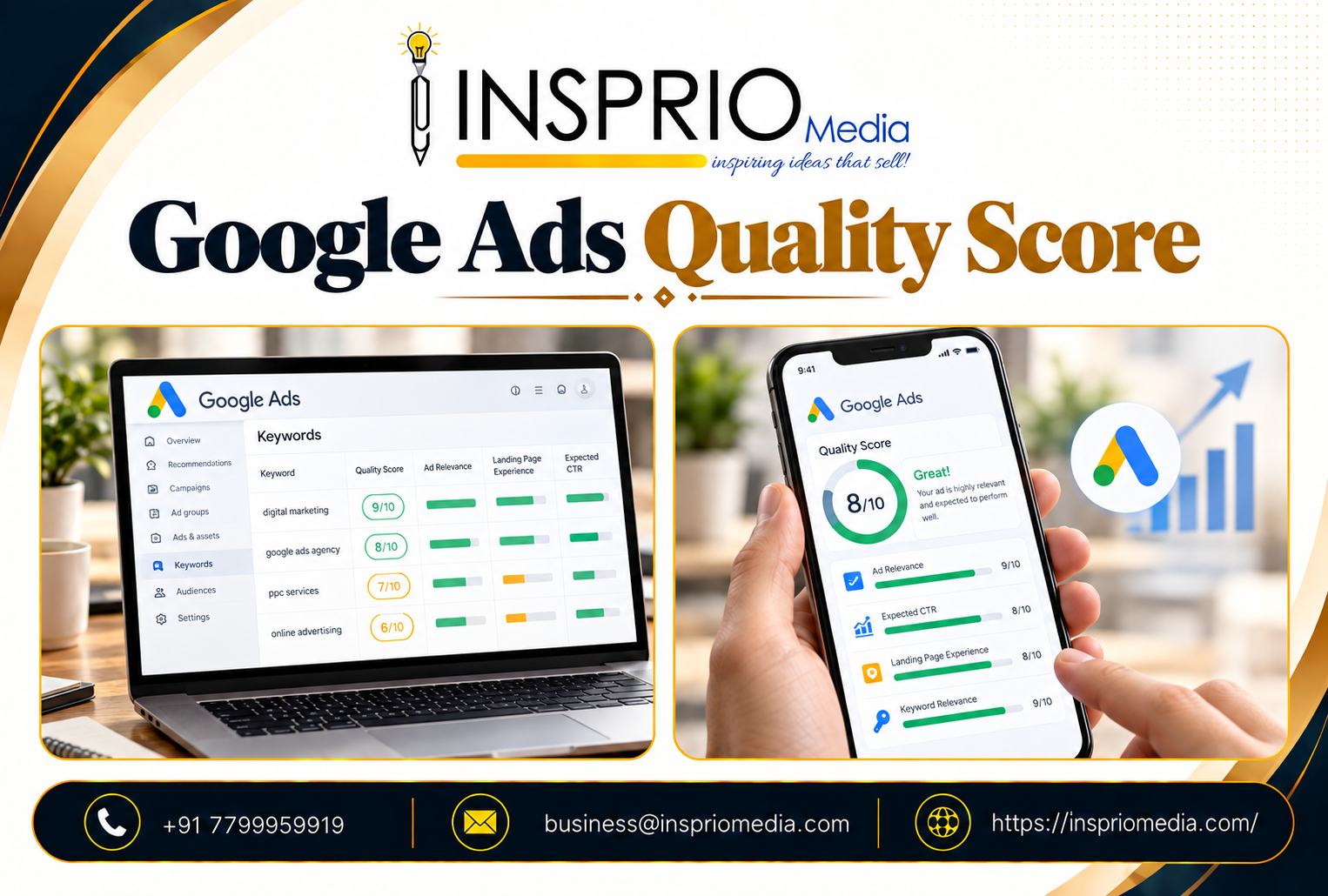 Google Ads Quality Score guide showing ad relevance, expected CTR and landing page experience